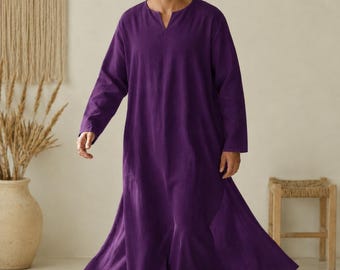 Men's Purple Kaftan Robe, Linen Style Boho Tunic, Long Sleeve Flowing Lounger