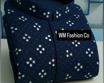 Men's Navy Blue Mirror Work Kurta Pajama Set: Indian Wedding Outfit