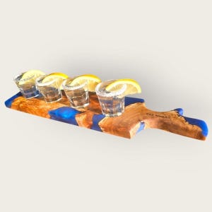 Olive Wood Epoxy Tequila Flight Board | Handmade Shot Glass Serving Tray, Rustic Barware
