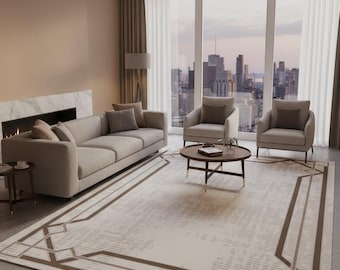 Hand Tufted Wool Rug: Modern Geometric Beige & Brown Area Carpet