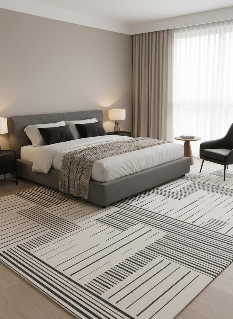 Draped Rugs Hand Tufted Wool Rug: Black & Ivory Geometric, Minimalist Design Custom ...