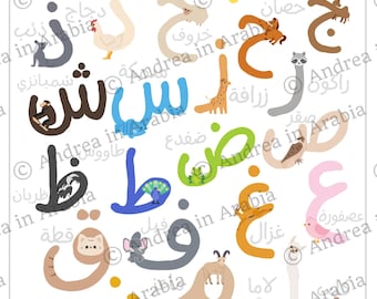Étiquettes sur poster alphabet arabe