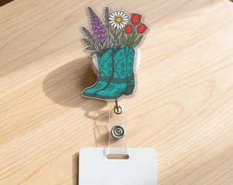 Floral Cowboy Boot Badge Reel Western Nurse ID Clip Country Cowgirl JDMF13