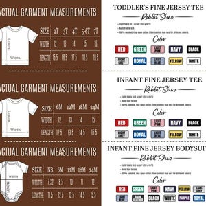 May include: Detailed chart displaying garment measurements for toddler and infant t-shirts and bodysuits. Sizes, widths, and lengths are in inches. Colour options are shown with swatches. The text "Rabbit Skins" is also visible.