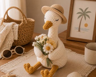 Crochet Goose Doll, Handmade Duck Plush Toy, Cottagecore Goose Decor, Summer Goose Plush,Amigurumi Animal Doll,Farmhouse Crochet Gift G4J477