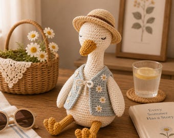 Crochet Goose Doll, Handmade Duck Plush Toy, Cottagecore Goose Decor, Summer Goose Plush,Amigurumi Animal Doll,Farmhouse Crochet Gift G4J477