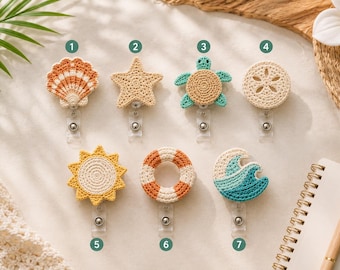 Handmade Crochet Beach Badge Reel, Sea Turtle Starfish Shell Wave Coastal ID Holder, Summer Nurse Teacher Gift CRD-MH207