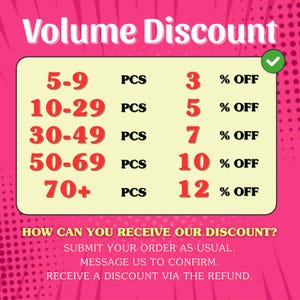 May include: A pink graphic detailing volume discounts. It lists discounts from 3% to 12% off for orders of 5 to 70+ pieces. Instructions on how to claim the discount are also provided, including submitting the order and messaging to confirm.