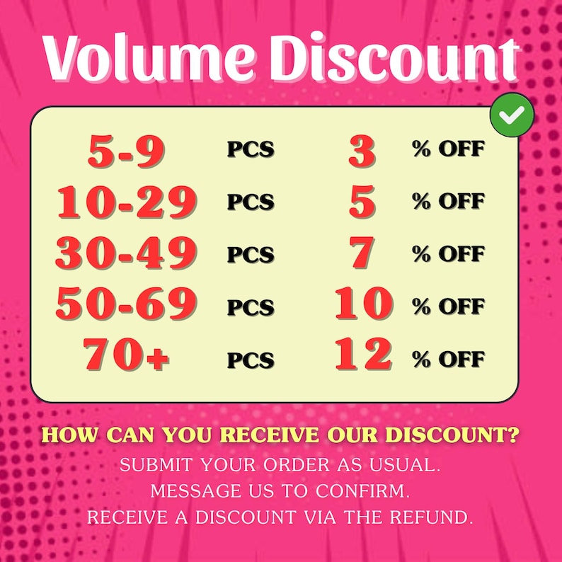 May include: A pink graphic detailing volume discounts. It lists discounts from 3% to 12% off for orders of 5 to 70+ pieces. Instructions on how to claim the discount are also provided, including submitting the order and messaging to confirm.