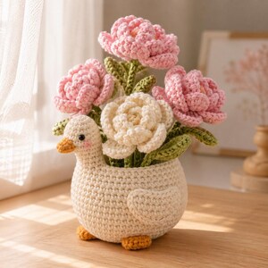 Crochet Goose Peony Flower Pot, Mother's Day Gift for Mom, Handmade Potted Flower, Mama Goose Lover Gift, Personalized Desk Decor N280426A7