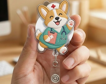 Embroidered Style Corgi Badge Reel 2D Flat Acrylic, Cute Dog Nurse Badge Holder, Retractable ID Clip,Gift for RN CNA Nurse NHRQ08-5