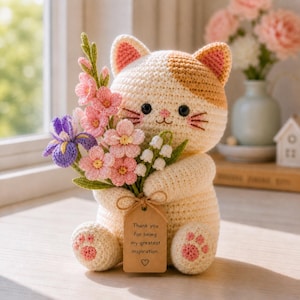 May include: A crocheted cat figurine in cream and tan holds a bouquet of pink, purple, and white flowers. The cat has pink paw pads and ears. A tag reads "Thank you for being my greatest inspiration."