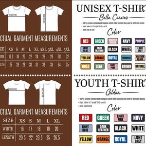 May include: A graphic displaying size charts and colour options for Unisex and Youth t-shirts. The Unisex shirts are Bella Canvas brand, and the Youth shirts are Gildan. Colour options include red, green, and navy.