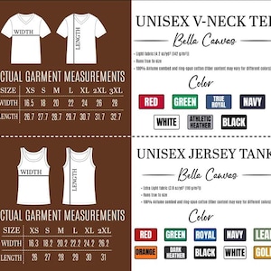 May include: A product information graphic for Bella Canvas unisex t-shirts and tank tops. The image displays size charts, color options, and fabric details. Colors include red, green, navy, and black. Measurements are in inches, with conversions to cm.