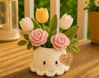 Multiple Crochet Sunflower & Lavender Basket, Handmade Flower Octopus Pot Mother's Day Gift, Desktop Decor, Floral Spring Ornament N050526A9