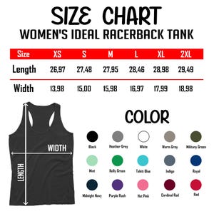 May include: Size chart for a women's racerback tank top, with measurements in centimetres. Includes length and width dimensions for sizes XS to 2XL. Colour options include black, heather grey, white, and more.