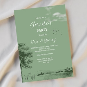 May include: A green garden party invitation with elegant script. The invitation includes the text "Join us for a Garden Party" and details hosted by Rose & Ginny. The design features a tree, landscape illustration, and RSVP information.