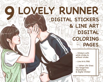 May include: Digital art featuring two figures in a tender embrace, with the text "9 LOVELY RUNNER" at the top. The image also includes the words "DIGITAL STICKERS & LINE ART DIGITAL COLORING PAGES."