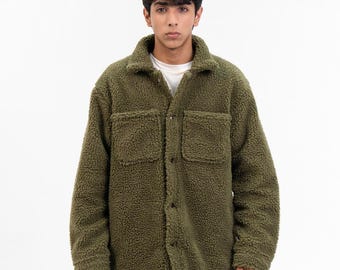 Oversized sherpajas heren, olijfgroen