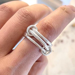 925 Sterling Silver 3 Set Interlocking Band Ring, Modern Spinelli Style Statement Rings, Plain Thick Triple Loop, Unique Jewelry Gift Her