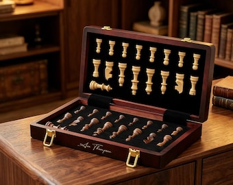 Personalized Magnetic Wooden Chess Set With Board，Custom Engraved Folding Travel Board , Luxury Travel Games，Anniversary gift for men