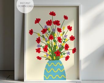 Red Flower Illustration Printable Print, Modern Botanical Wall Decor (Instant Download)