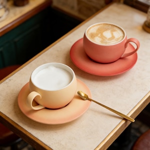 May include: Two coffee cups with saucers and a golden spoon on a table. One cup is peach-colored with a latte, the other is yellow with a foamy drink. The saucers are peach-colored.