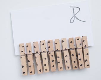 Heart Clothespins - Set of 10 Scattered Hearts Handstamped Clothes Pins - Regular or Mini sizes and 17 color options