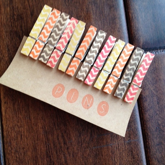 Mini Clothespins holiday Chevron Set of 12 Handstamped Clothes Pins 