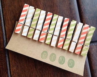 Mini Clothespins "Holiday Stripes" - Set of 12 Handstamped Clothes Pins