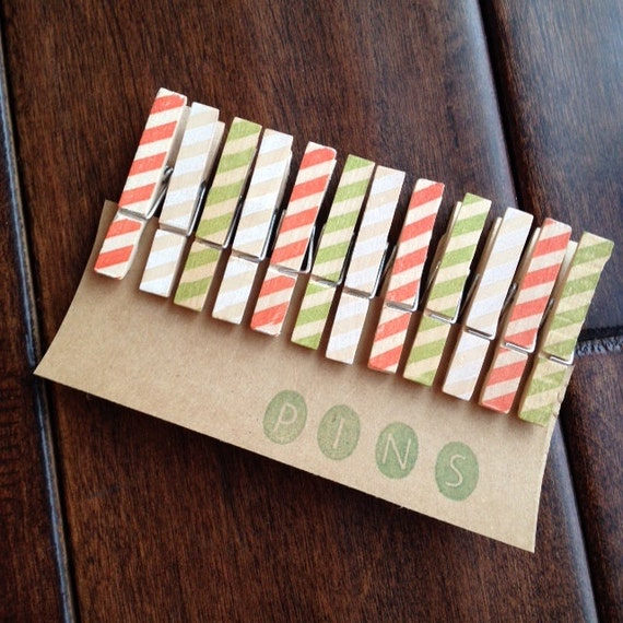 Mini Clothespins holiday Stripes Set of 12 Handstamped Clothes