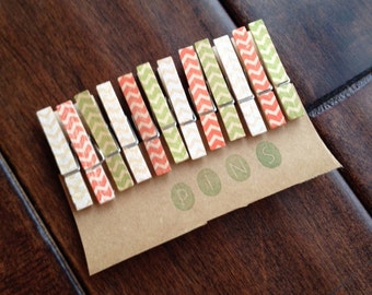 Mini Clothespins "Holiday Chevron" - Set of 12 Handstamped Clothes Pins