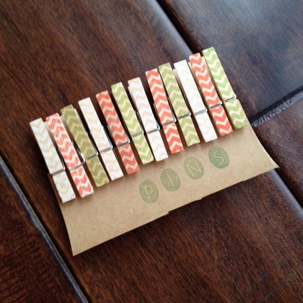 Mini Clothespins "Holiday Chevron" - Set of 12 Handstamped Clothes Pins