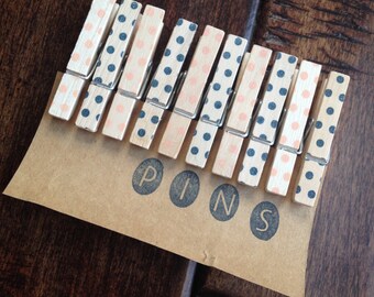 Dot Clothespins "Navy & Coral" - Set of 10 Handstamped Clothes Pins