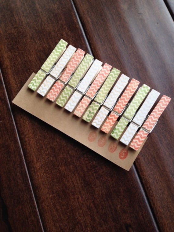 Mini Clothespins holiday Chevron Set of 12 Handstamped Clothes Pins 