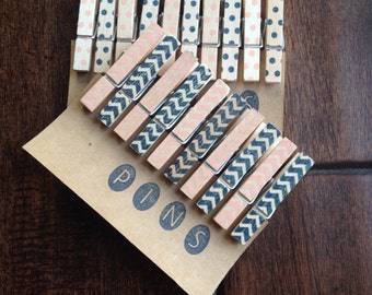 Chevron Clothespins "Navy & Coral" - Set of 10 Handstamped Clothes Pins