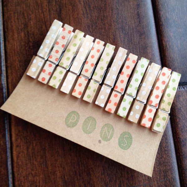 Mini Clothespins "Holiday Dots" - Set of 12 Handstamped Clothes Pins