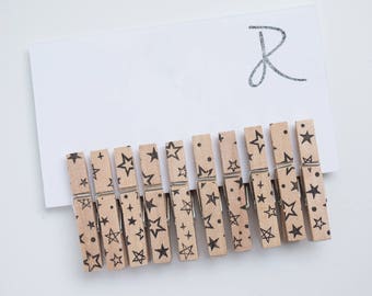 Stars Clothespins - Set of 10 Scattered Stars Handstamped Clothes Pins - Regular or Mini sizes and 17 color options