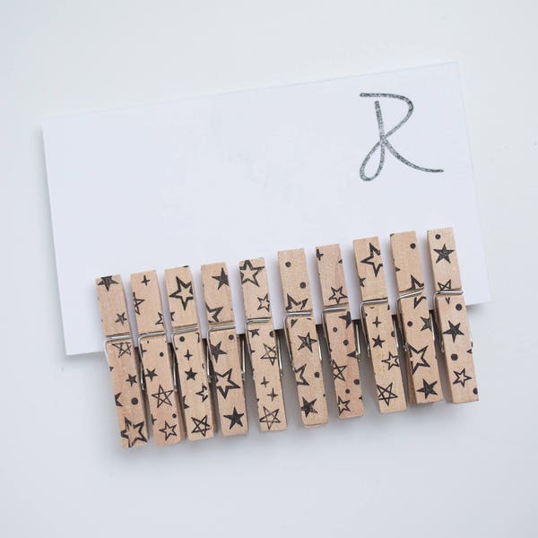 Stars Clothespins - Set of 10 Scattered Stars Handstamped Clothes Pins - Regular or Mini sizes and 17 color options