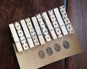 Dots Clothespins "Black & White" - Set of 10 Handstamped Clothes Pins