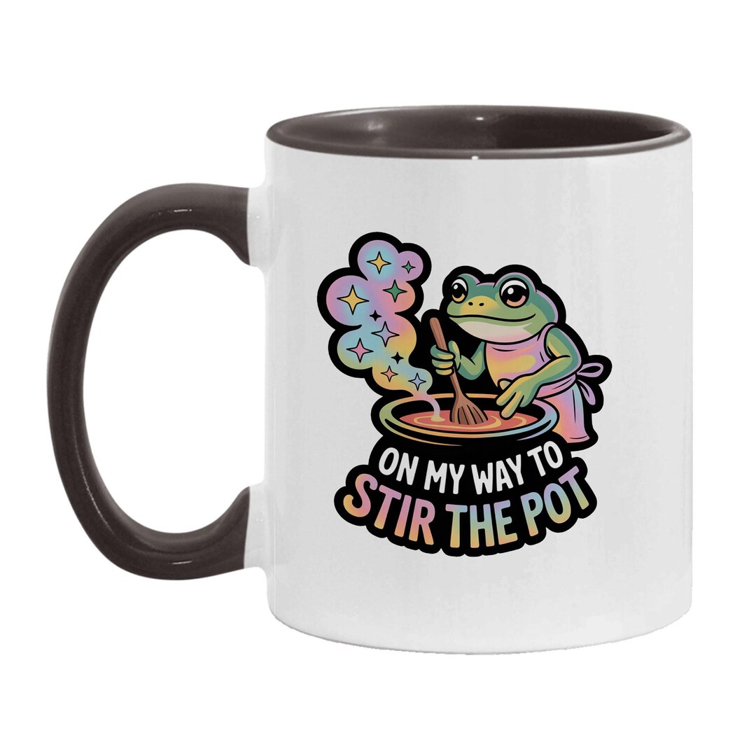 Funny Frog on My Way to Stir the Pot Two-tone Color Accent Ceramic Mugs ...