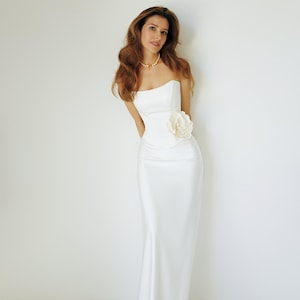 Satin Corset & Maxi Skirt Set, Elegant Bridal Two Piece with Handmade Flower, Floor Length Satin Skirt, Minimalist Trendy Wedding Outfit