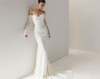 Ivoorkleurige zeemeermintrouwjurk met gedrapeerd satijnen korset en kanten lange mouwen, elegante getailleerde bruidsjurk met sleep voor klassieke moderne bruid