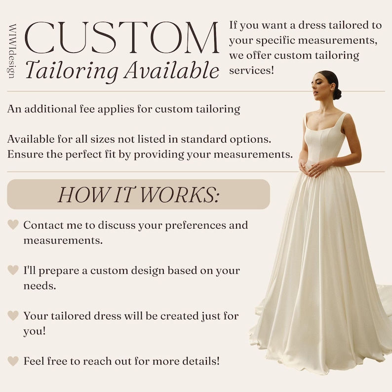 Op de afbeelding: Afbeelding die reclame maakt voor op maat gemaakte kleermakersdiensten. De tekst luidt "CUSTOM Tailoring Available" en "Als u een jurk op maat wilt laten maken, bieden wij kleermakersdiensten op maat aan!" Een vrouw draagt een witte jurk.