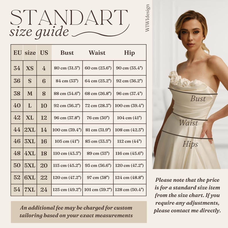 Op de afbeelding: Een maattabel met borst-, taille- en heupmaten in cm en inches. De tabel bevat EU- en Amerikaanse maten, met een model dat een witte jurk draagt. Tekst op de tabel luidt "STANDART size guide."