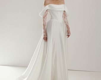 Ivoor off-shoulder a-lijn trouwjurk, satijnen bruidsjurk met romantisch gedrapeerd korset en kanten mouwen, elegante moderne stijl