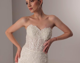 Mermaid Strapless Wedding Dress with Sheer Corset and Lace Embroidery, Ivory Bridal Gown with Beading and Train