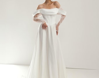 Vestido de novia de satén con corsé drapeado y mangas de encaje, elegante vestido de novia corte A con cola para novia clásica, elegante vestido de novia