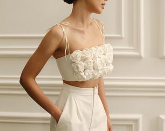 Two Piece Satin Bridal Set with 3D Floral Crop Top and Pants, Modern Minimalist Wedding Outfit for Fashion Forward Bride