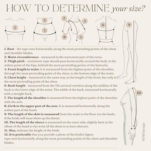Op de afbeelding: Diagram met uitleg over hoe je je maten opneemt voor een jurk, met genummerde lichaamsdiagrammen en meetinstructies. Inclusief borst-, taille-, dij-, voorlengte-, borsthoogte-, ruglengte-, schouderlengte-, armomtrek-, rok- en mouwlengtemetingen.